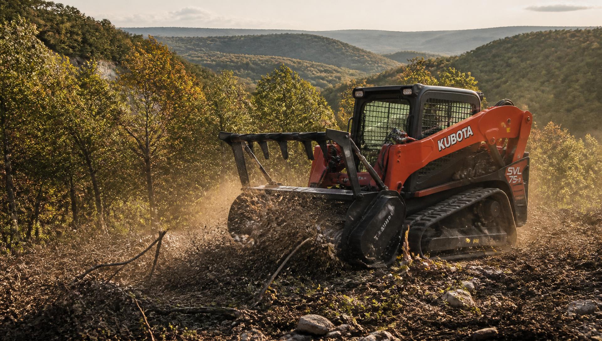 Kubota SVL 75-3 clearing forested land at golden hour in the Ozarks